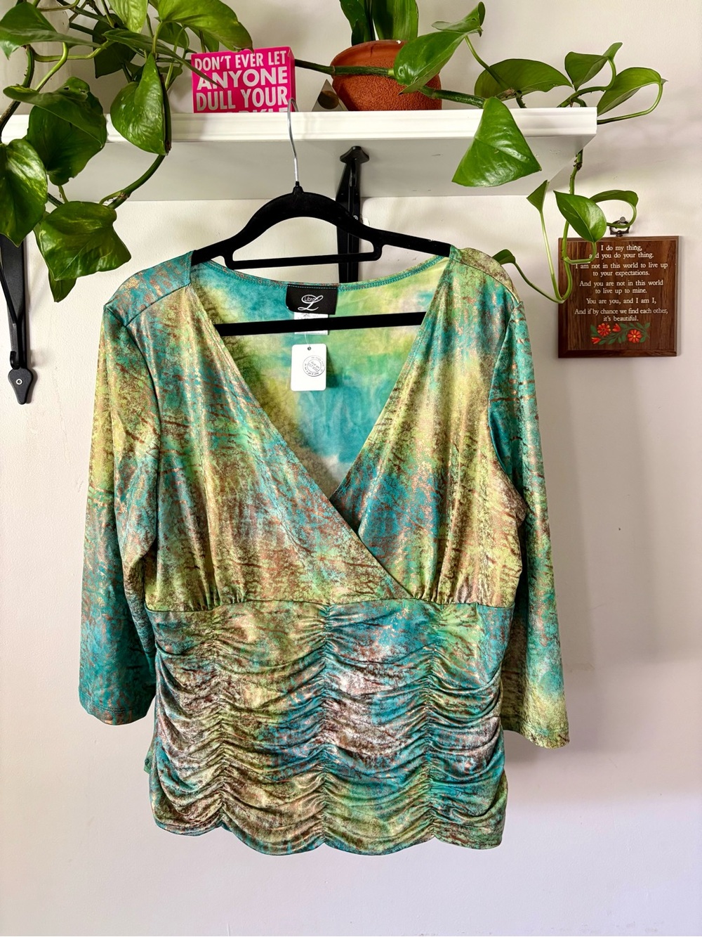 Printed Surplice Ruched Green Teal Women's Dress